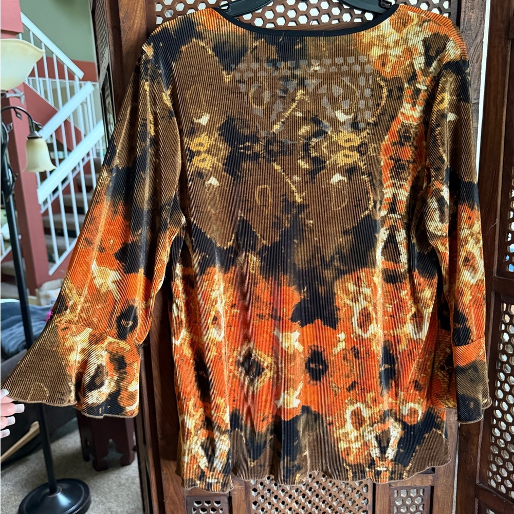 dressbarn Orange & Brown Printed Bell-Sleeve Tunic - Picture 5 of 5